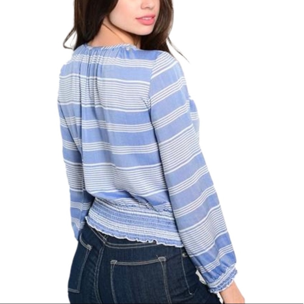 NWOT Blue & White Stripe Blouse with Gathered Waistband and Sleeves. - Picture 2 of 2